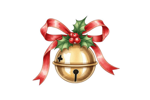 Christmas Bell with Holly and a Bow Illustrations