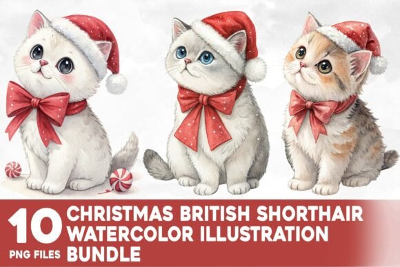 Christmas British Shorthair Watercolor Illustrations