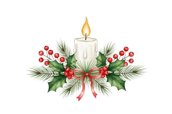 Christmas Candle with Holly and Pine Illustrations