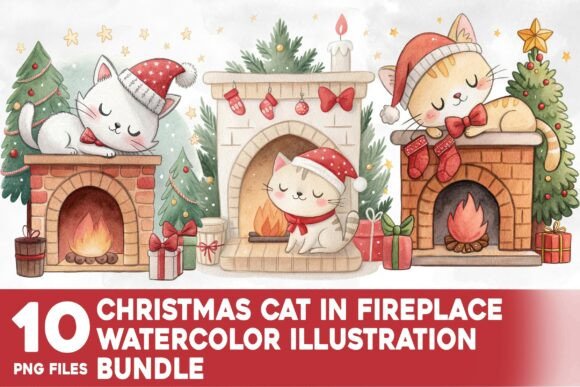Christmas Cat in Fireplace Illustrations Review