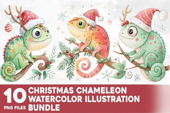 Christmas Chameleon Watercolor Bundle Illustrations