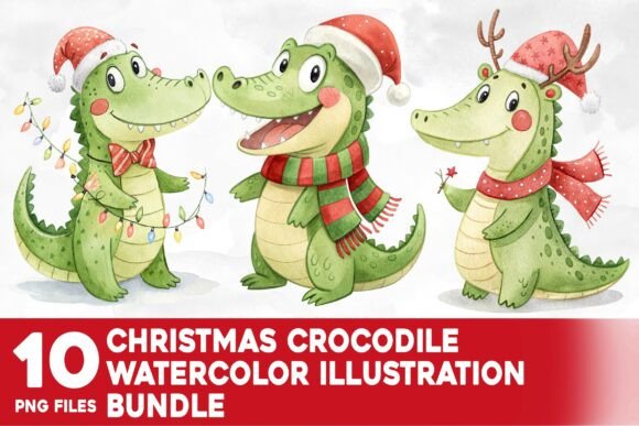 Christmas Crocodile Watercolor Bundle: Whimsical Illustrations