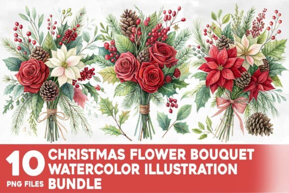 Christmas Flower Bouquet Watercolor Illustrations
