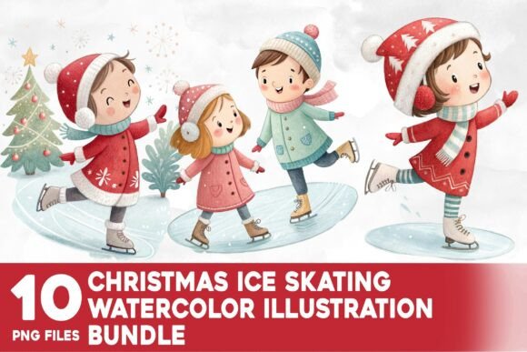 Christmas Ice Skating Watercolor Bundle: Illustrations