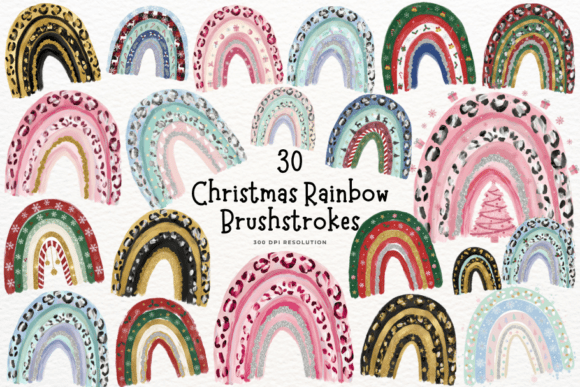 Christmas Rainbow Brushstrokes Clipart: Illustrations