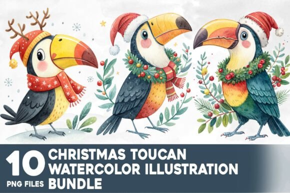 Christmas Toucan Watercolor Bundle Illustrations