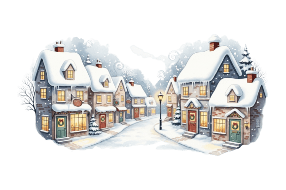 Cozy Snowy Christmas Village Scene Illustrations