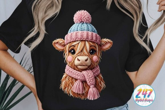 Crochet Faux Yarn Highland Cow Christmas Illustrations