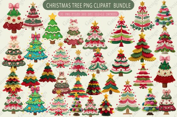 Crochet Yarn Christmas Tree PNG Bundle Illustrations