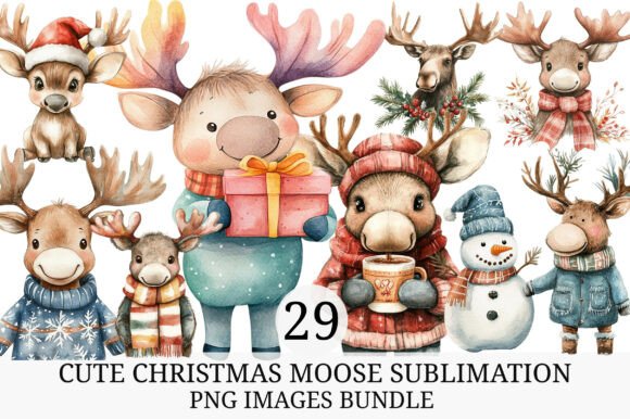 Cute Christmas Moose Sublimation Bundle: Illustrations
