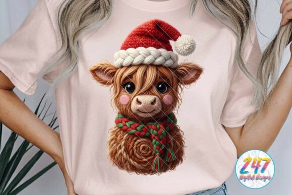 Faux Yarn Crochet Highland Cow Christmas Illustrations