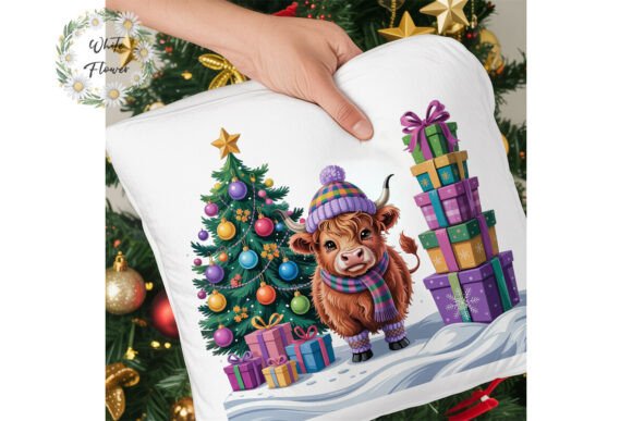 Fluffy Highland Cow Christmas Clipart & Illustrations