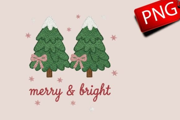 Merry Bright Christmas Trees and Bows Illustrations