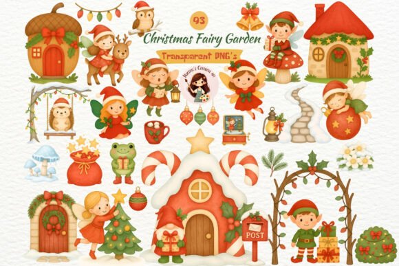 Watercolor Christmas Fairy Garden PNG Illustrations