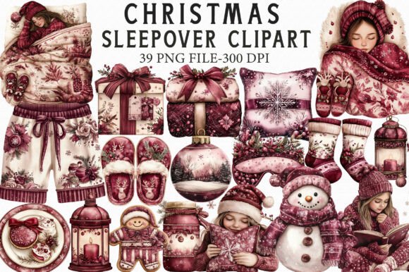 Watercolor Christmas Sleepover Clipart: Illustrations for Branding