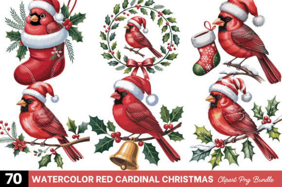 Watercolor Red Cardinal Christmas Bundle: Illustrations